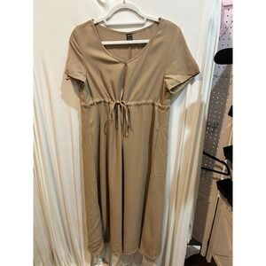 SHEIN Womens XS‎ Beige Short Sleeve V Neck Tie Waist Casual Midi Dress